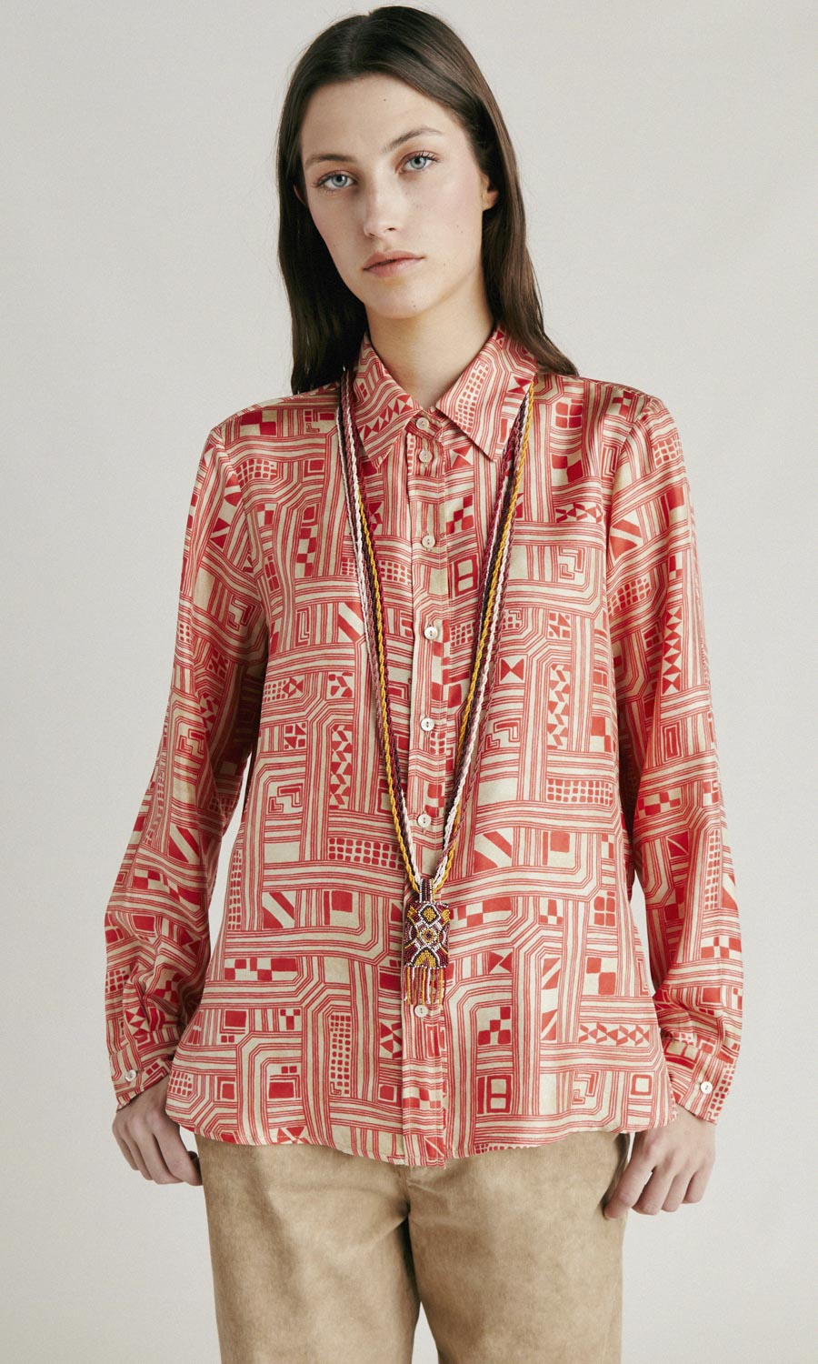 Momoni Arles Silk Twill Shirt - Cream/Coral