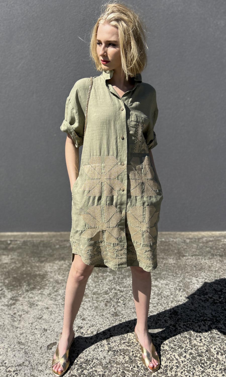 Archaic Kori Embroid Shirt Dress -  Moss Green